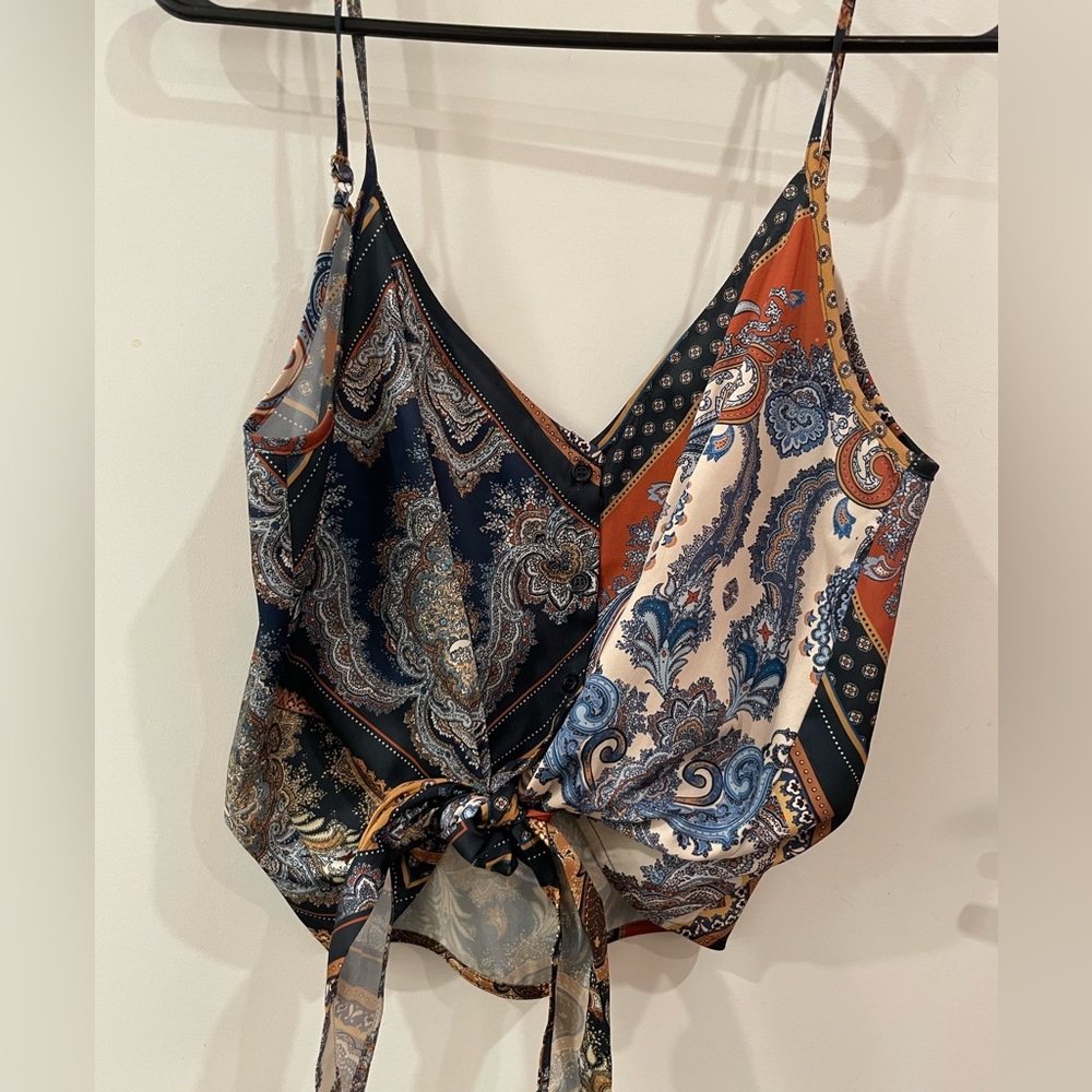H&M Navy, Rust & Cream Paisley Tie-Front Cami
